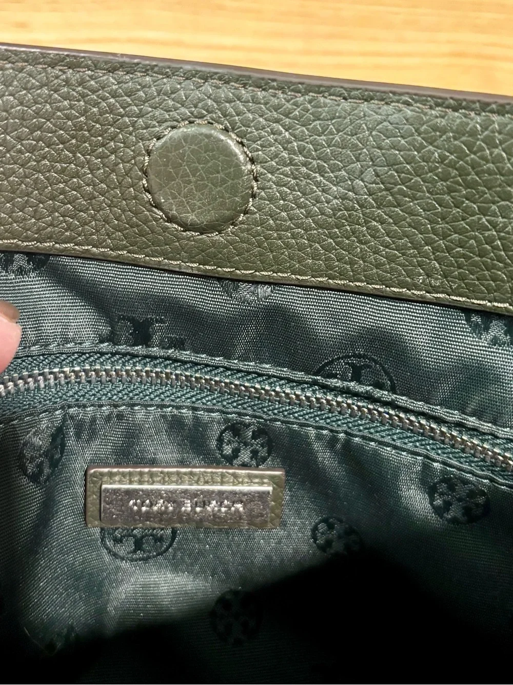 Tory Burch “Britten” Tote in olive/poblano green Pebbled Leather